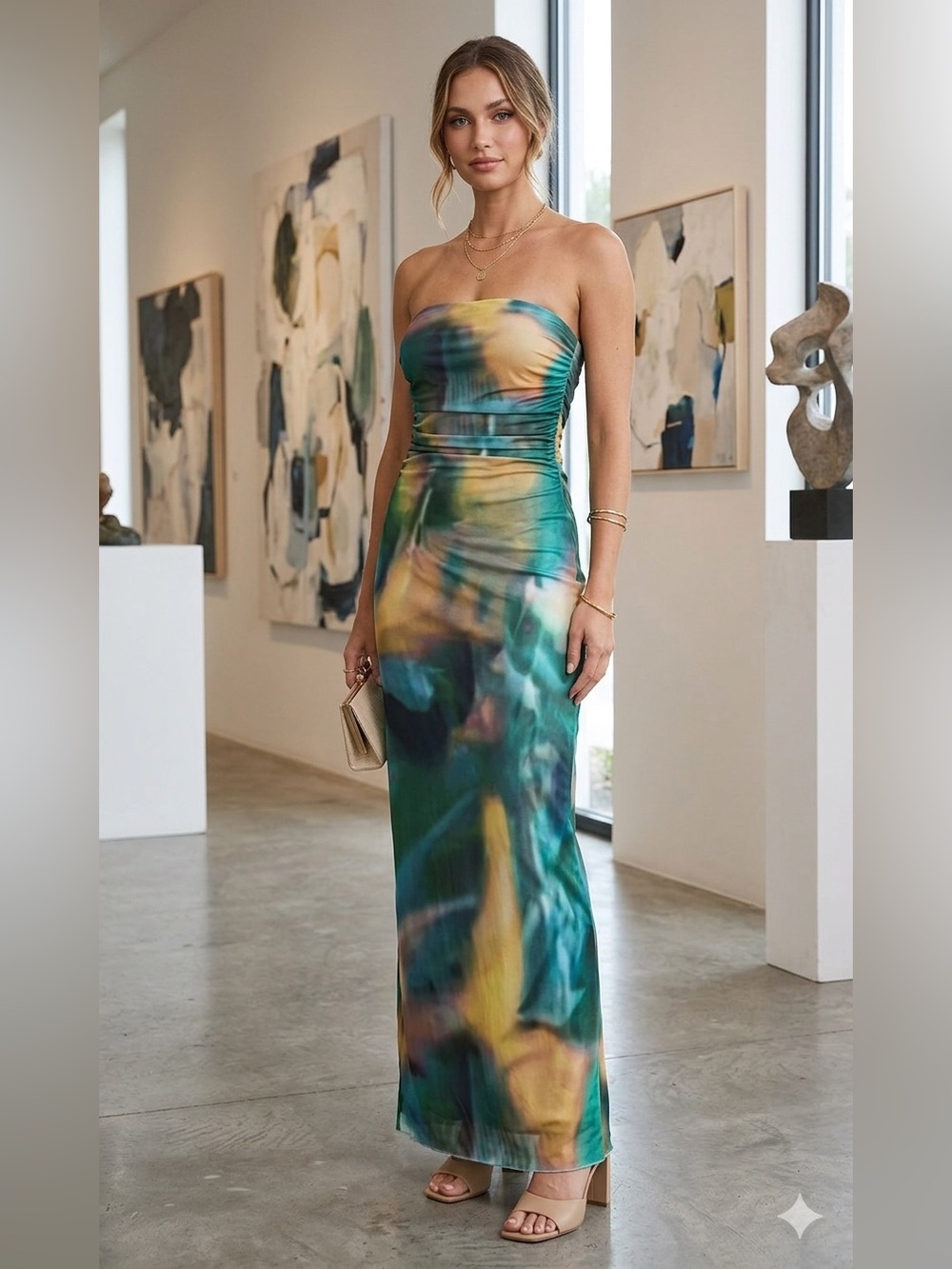 Strapless Green & Yellow Marble Print Maxi Dress
